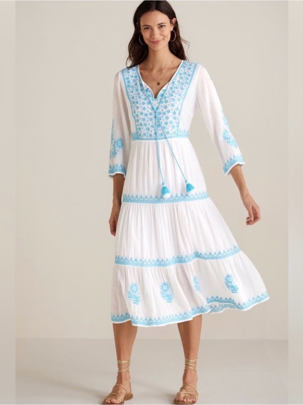 Soft Surroundings White Maxi Dress with Turquoise Embroidery